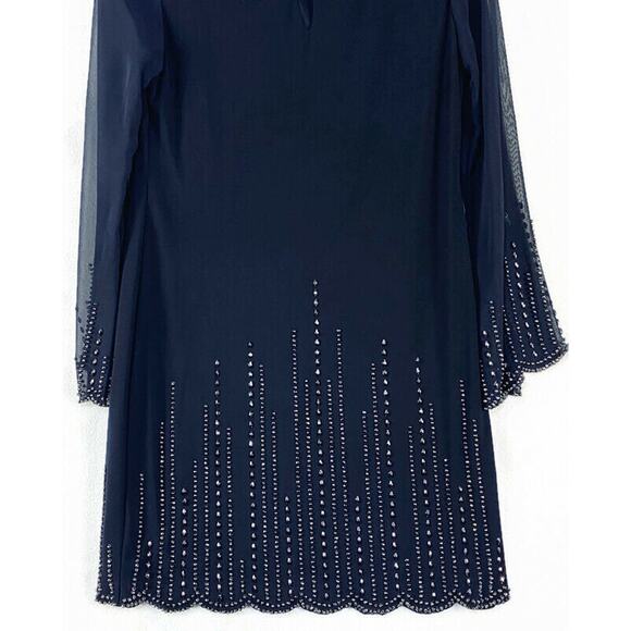 Xscape Evening Dress Women's 6 Blue With Silver Accent Mesh Sleeves Knee Length - Picture 7 of 10